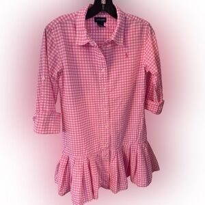 Ralph Lauren Girls Shirt Dress Pink/White Check Pleated Skirt Drop Waist Sz 16